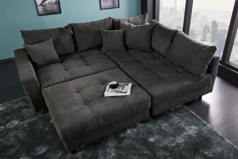 riess-ambiente Ecksofa KENT 220cm dunkelgrau - Cord, L-Form, Federkern, Hocker & Kissen, FSC, Set 2 Teile, Wohnlandschaft in Familiengröße - ideales Design fürs Wohnzimmer, Grau, – Produktbild 5 von 5