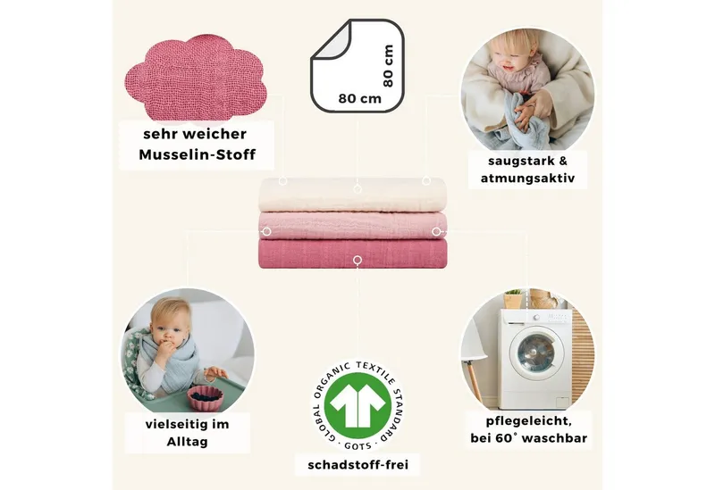 furora BABY furora BABY Spucktuch Baby Mulltücher Sets (Bio-Musselin: super soft) 80x80cm oder 25x25cm, Sehr weich, Rosa, – Produktbild 2 von 8