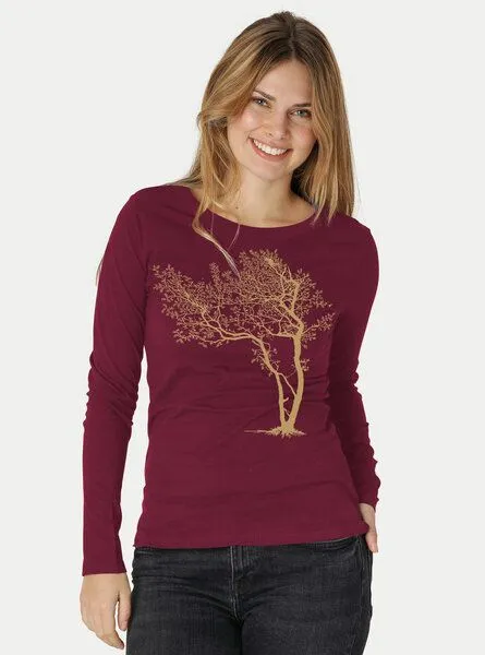 Peaces.bio - handbedruckte Biomode Peaces.bio - handbedruckte Biomode Bio-Damen-Langarmshirt "Fancy Tree", Bordeaux, – Produktbild 3 von 3