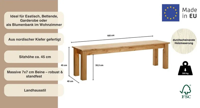 OTTO home Sitzbank Konrad, Bank, Breite 120/140/160 cm, aus massiver, FSC®-zertifizierter Kiefer, Beige, – Produktbild 8 von 8