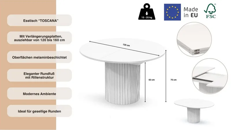 Woodman Esstisch Toscana, Speisetisch, Tisch (Made in Europe), Breite 120 cm, melaminbeschichtet, mit Verlängerungsplatten, FSC®, Weiß, – Produktbild 4 von 5