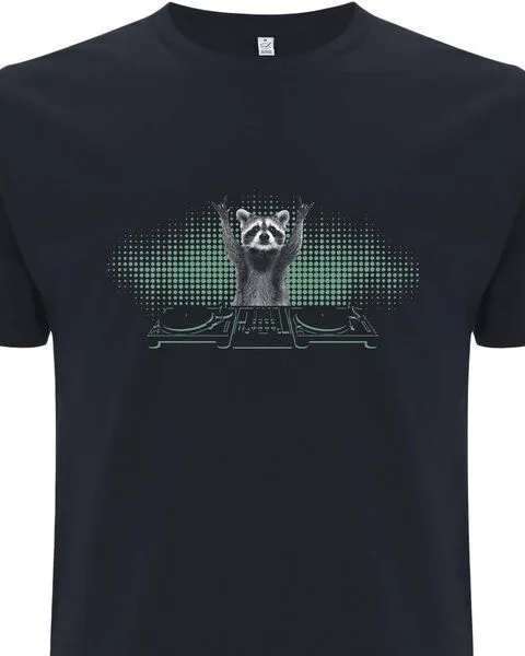 Spreecult Spreecult DJ Waschbär - Bio und Fair - Männer Unisex T-Shirt - Turntable Racoon, Grau, – Produktbild 2 von 3