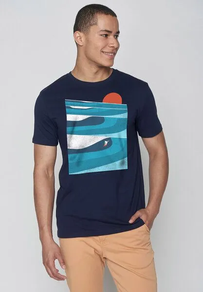 GreenBomb GREENBOMB Nature Perfect Waves Guide - Sportliches T-Shirt aus Bio-Baumwolle / hochwertiger Print / Fair & Vegan, Blau (navy), – Produktbild 1 von 4