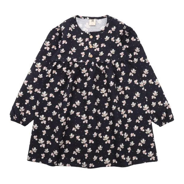 Walkiddy Kinder Langarmkleid GOTS-zertifiziert aus Bio-Baumwolle, dunkelblau mit Magnolienprint – Walkiddy, weicher Jersey für Alltag & Kindergarten – Produktbild 1 von 2