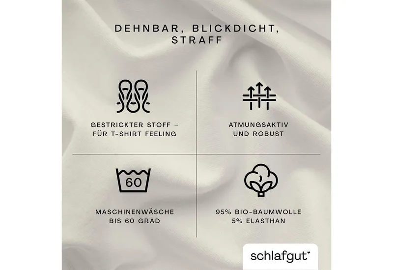 Schlafgut Schlafgut Spannbettlaken PURE Bio-Baumwolle mit Elasthan, 170 g/m², Bettlaken, Spannbetttuch, Jersey, Gummizug: rundum, (1 Stück), PREMIUM Laken für Matratzen bis 30cm Höhe, dehnbar blickdicht, straff, Gelb, – Produktbild 4 von 5