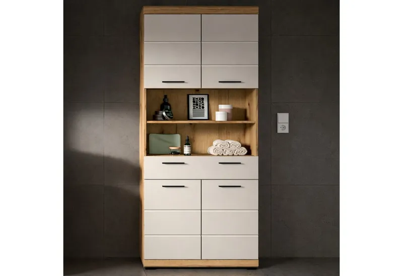 furnling Hochschrank Scott 4 Türen, 1 Schublade, 2 offene Fächer, Badmöbel, Badschrank, Grau, – Produktbild 2 von 4