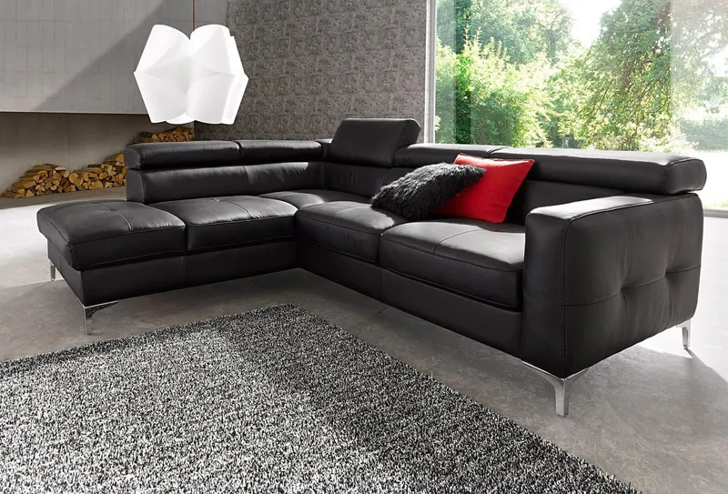 COTTA Polstergarnitur Sammy L-Form, (Set), Set bestehend aus: Ecksofa mit Kopfteilverstellung & Hocker, Schwarz, – Produktbild 2 von 5