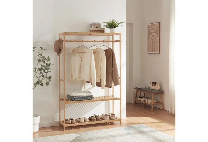 en.casa Garderobenständer, »Herøy« Bambus mit einer Stange und 2 Ablagen 165x100x35cm Natur, Beige, – Produktbild 2 von 4