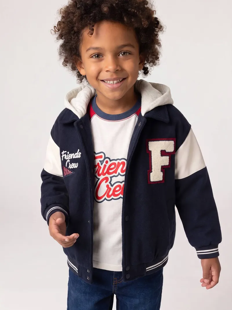 Vertbaudet Vertbaudet Jungen Collegejacke mit abnehmbarer Kapuze Wollmix, Marine, – Produktbild 2 von 4