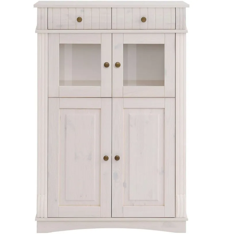 OTTO home Highboard Teresa Mini-Vitrine mit Glastüren und 2 Schubkästen, Kommode, aus massiver Kiefer, Breite 84 cm, Höhe 120 cm, FSC®, Weiß, – Produktbild 2 von 5