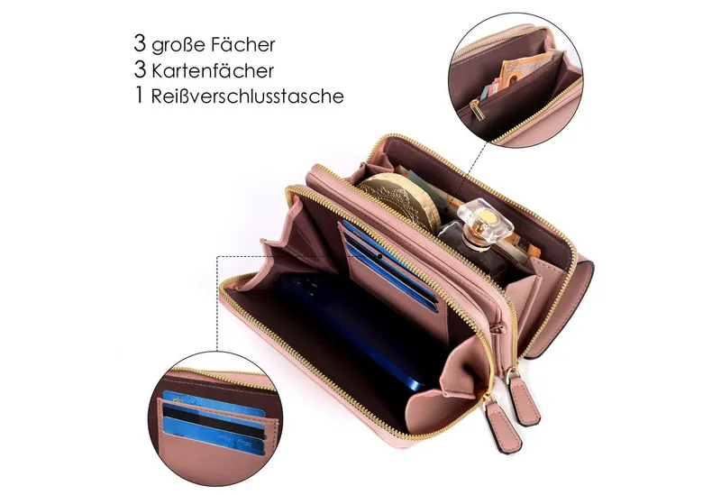 TANTOMI Umhängetasche Klein Damen Handy Umhängetasche, Handytasche zum Umhängen, Crossbody Schultertasche mit Kartenschlitz Verstellbar Schultergurt, Rosa, – Produktbild 5 von 5