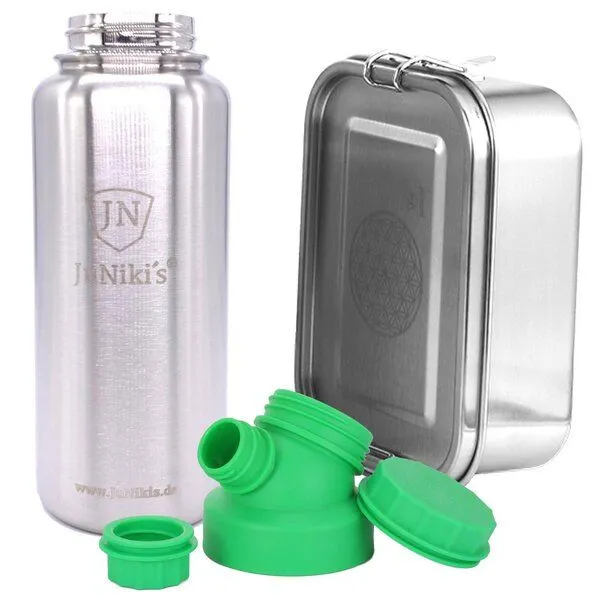 JN JuNiki's JN JuNiki's Set "Blume des Lebens": Lunchbox + 1 Liter isolierte Edelstahltrinkflasche, Grün, – Produktbild 1 von 4
