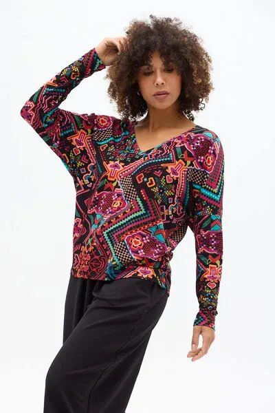 KOKOworld Bluse Saja Longsleeve – Viskose farbenfroher KOKOworld Print weiter Schnitt V-Ausschnitt – perfekt für Yoga – Fair produziert, Telar (mehrfarbig), – Produktbild 1 von 4