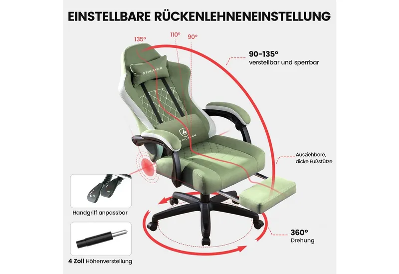 GTPLAYER Gaming-Stuhl Gaming Stuhl Stoff, Gaming Sessel mit Taschenfederkissen, Drehstuhl, Gamer Stuhl mit Fußstütze150 kg, Grün, – Produktbild 5 von 5