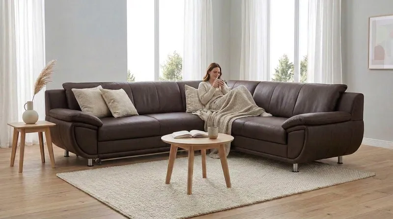 TRENDMANUFAKTUR Ecksofa Rondo 267 cm, elegant, bequem, Breite, L-Form, Chromfüße, L-Form, wahlw.mit Federkern, Füße chromfarben, Unser Dauertiefpreis, Braun, – Produktbild 1 von 5