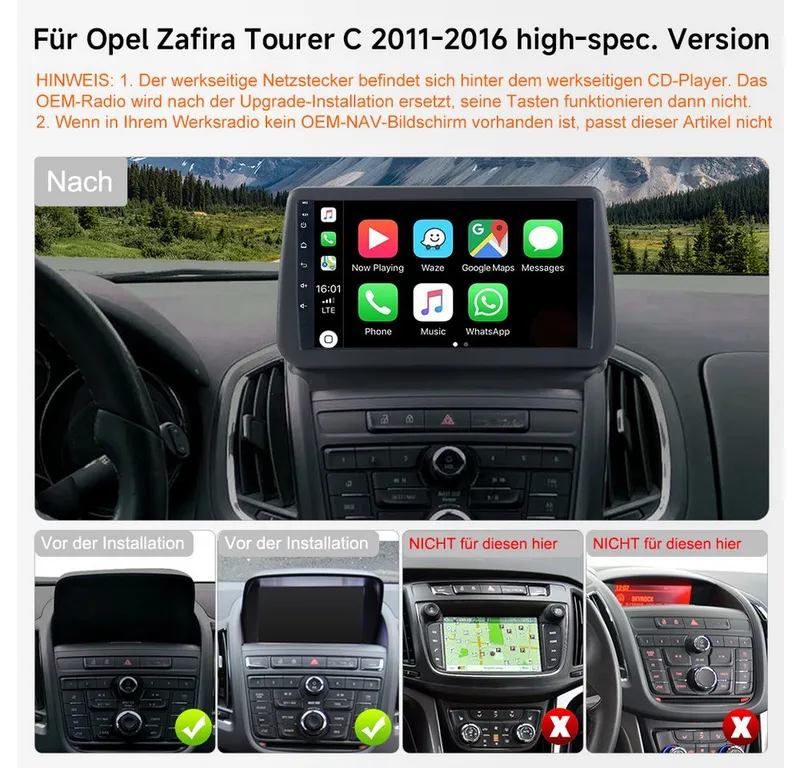 A-Sure CarPlay Für Opel Zafira Tourer C 2011-2016 GPS RDS Android 15 Autoradio (Digitalradio (DAB), FM, Carplay Android Auto Bluetooth EQ USB GPS Navi WIFI Touchscreen) – Produktbild 2 von 5