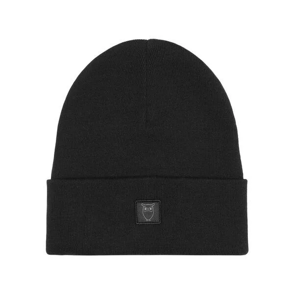 KnowledgeCotton Apparel KnowledgeCotton Apparel Mütze - Rib Beanie - aus Bio-Baumwolle mit Logo Patch, Schwarz (black jet), – Produktbild 3 von 4