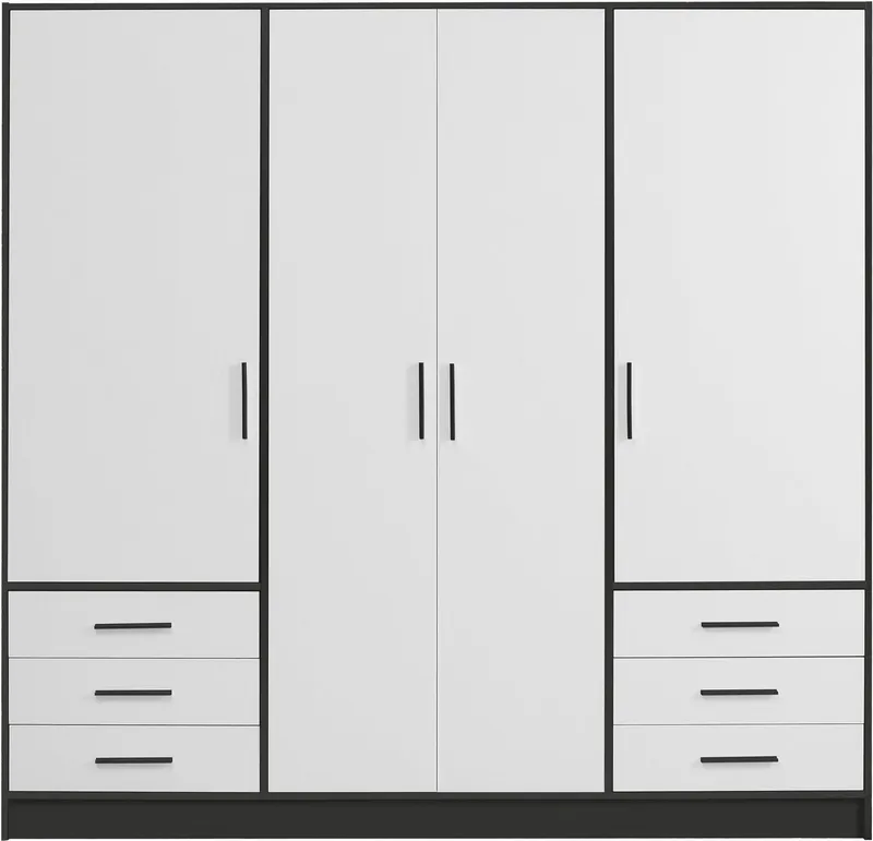 FORTE Kleiderschrank Jupiter, Made in Europe, mit 6 Schubladen, Stauraum (Maße B/H/T ca. 207/200 cm/60) Stauraum, 2 Breiten, 4 Farben, Schubladen, variable Einlegeböden, Schwarz|weiß, – Produktbild 3 von 5