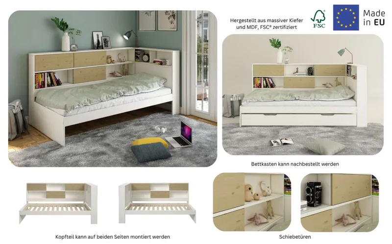OTTO home Stauraumbett Amance, Kopfteil beidseitig montierbar, stabil und langlebig, Stauraum (Außenmaße B/T/H: 110,2/220,1/106,9 cm), FSC® zertifiziert, inklusive Lattenrost, Made in EU,Massivholz + MDF, Weiß, – Produktbild 4 von 5