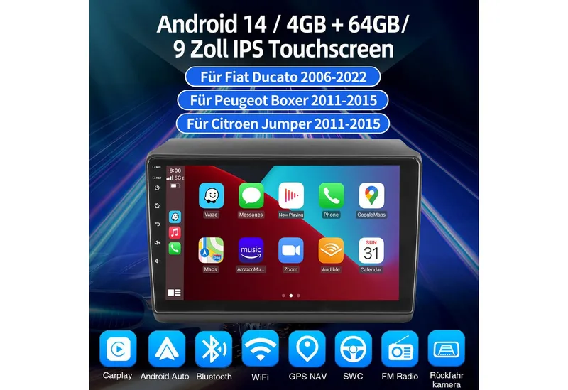 ESSGOO DAB+ 64G Android 15 Für Fiat Ducato 2006-2022 Carplay GPS Navi WiFi FM Autoradio (RDS, 4+64GB(optional), Digitalradio (DAB), FM, GPS, WIFI, Carplay Android Auto Bluetooth EQ USB GPS Navi WIFI Touchscreen), Schwarz, – Produktbild 1 von 5