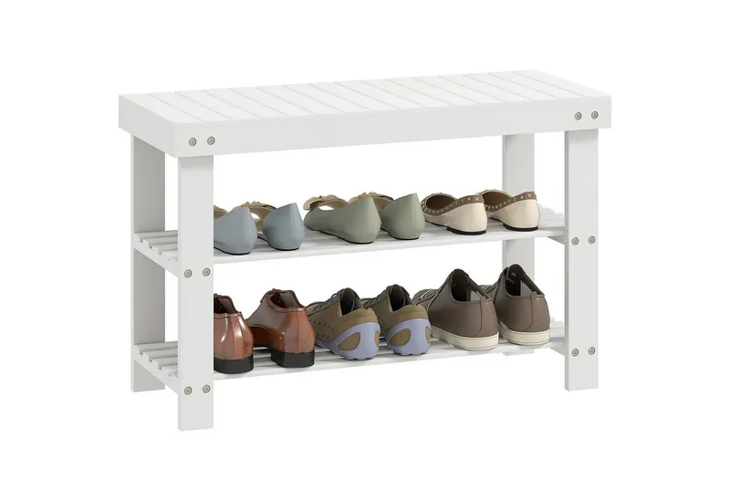 HOMCOM HOMCOM Schuhbank Sitzfläche und Stauraum, 2 Ablagen Flurbank für Wohnzimmer (Schuhregal aus Bambus, 1-St., Sitzbank), für Flur, Eingangsbereich, 70 x 28 x 45 cm, Weiß, – Produktbild 2 von 5