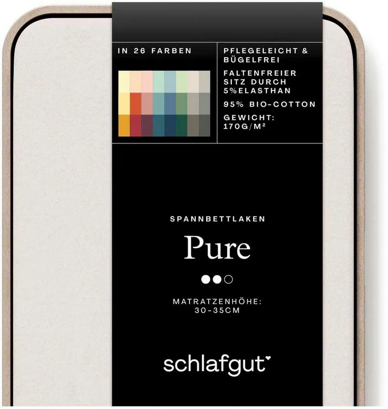 Schlafgut Schlafgut Spannbettlaken PURE Bio-Baumwolle mit Elasthan, 170 g/m², Bettlaken, Spannbetttuch, Jersey, Gummizug: rundum, (1 Stück), PREMIUM Laken für Matratzen bis 30cm Höhe, dehnbar blickdicht, straff, Beige, – Produktbild 5 von 5