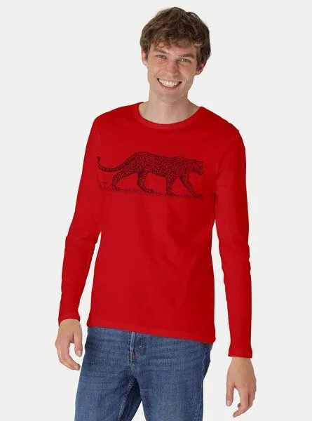 Peaces.bio - handbedruckte Biomode Peaces.bio - handbedruckte Biomode Bio-Herren-Langarmshirt "Leopard", Rot, – Produktbild 2 von 3