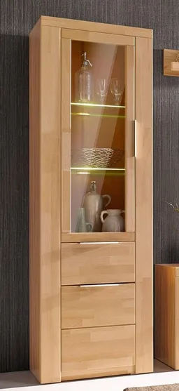 OTTO home Vitrine ZARA75, 2 Glasboden variabel, Türen L/R, 1 Schublade, Wohnzimmer B/T/H:60/40/190cm,Front massivholz,5 Fächer,Griffe silberfarben, geölt – Produktbild 1 von 1