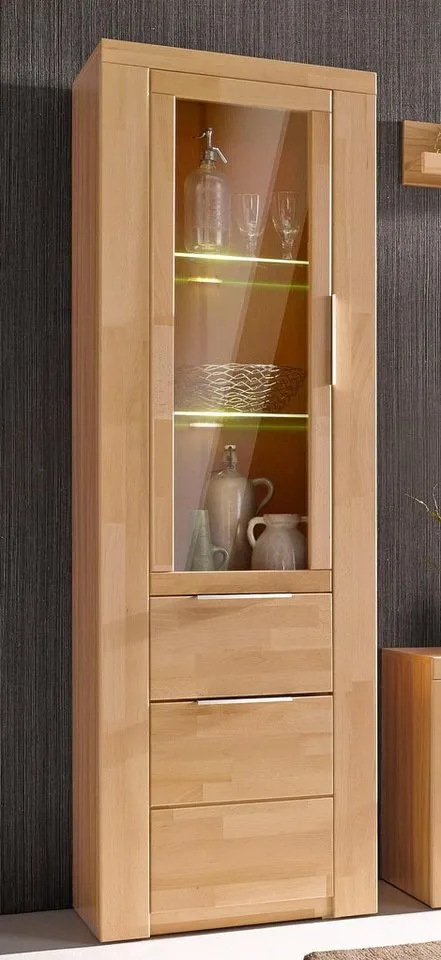 OTTO home Vitrine ZARA75, 2 Glasboden variabel, Türen L/R, 1 Schublade, Wohnzimmer B/T/H:60/40/190cm,Front massivholz,5 Fächer,Griffe silberfarben, geölt, Braun, – Produktbild 1 von 4