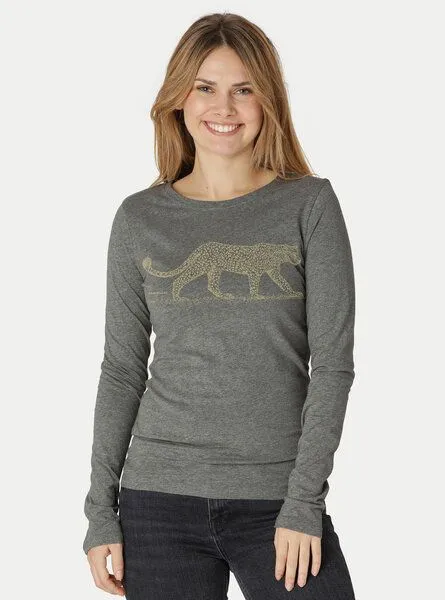 Peaces.bio - handbedruckte Biomode Peaces.bio - handbedruckte Biomode Bio-Damen-Langarmshirt Leopard, Dunkelgrau, – Produktbild 1 von 2