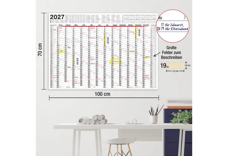 TOBJA Wandkalender Wandkalender 2027 XXL B1 Gerollt 70x100 cm Jahresplaner, 14 Monate, Ferien DE/AT, KW, FSC, gerollt, Weiß, – Produktbild 4 von 5