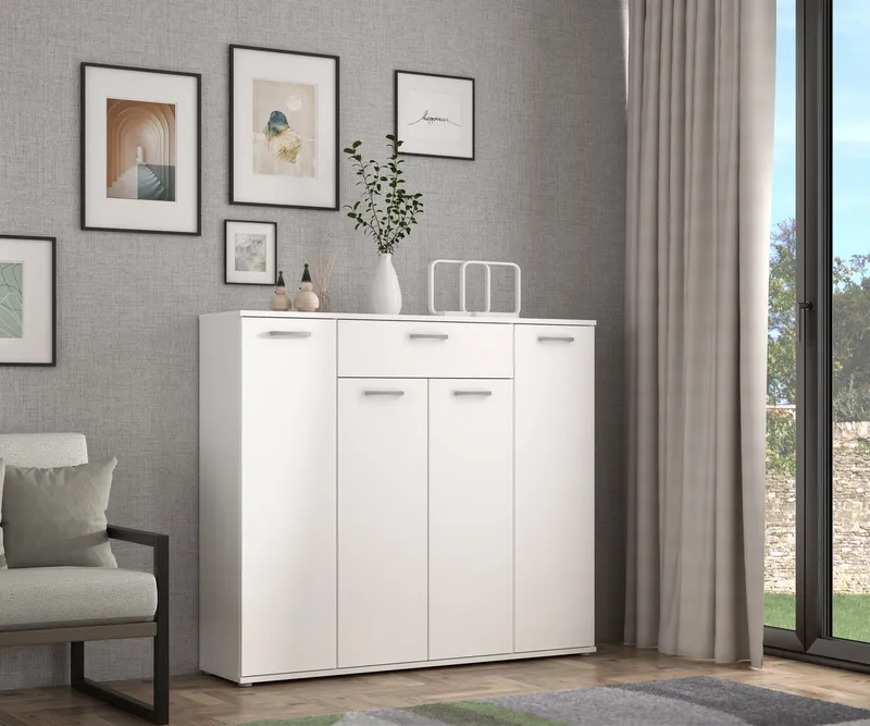 FORTE Kommode Kombikommode, Stauraum, Einlegeböden verstellbar, B/H/T ca.140/120/34 cm, viel Stauraum, PEFC zertifiziert, Weiß, – Produktbild 3 von 5