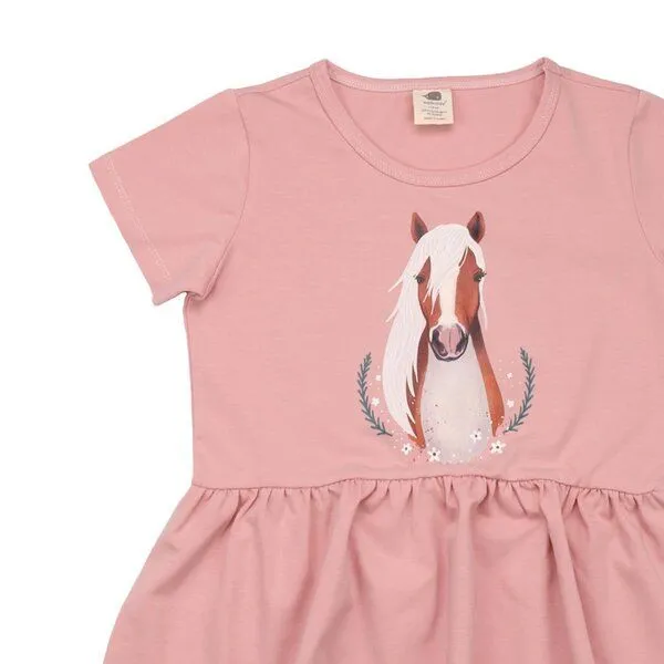 Walkiddy Walkiddy Kinder Kleid GOTS-zertifiziert aus Bio-Baumwolle, pink mit Little & Big Horses-Motiv, kurzarm, schwingender Rock, Pink, – Produktbild 2 von 2