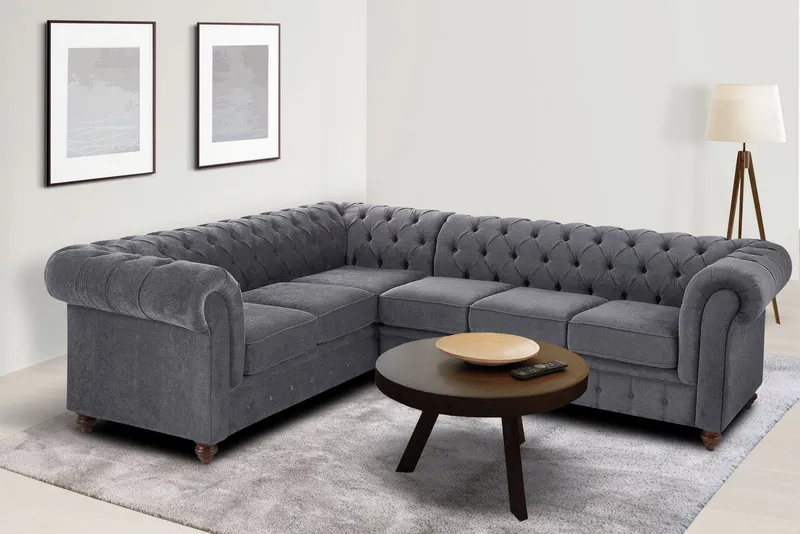 OTTO home Chesterfield-Sofa Chesterfield Ecksofa, auch in Leder L-Form, hochwertige Knopfheftung, langer Schenkel links oder rechts wählbar, Grau, – Produktbild 2 von 8
