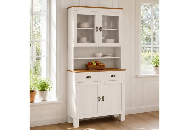 Home affaire Küchenbuffet Oslo 85 cm breit, aus massiver Kiefer, mit 2 Glastüren, Metallgriffe, Weiß, – Produktbild 1 von 5