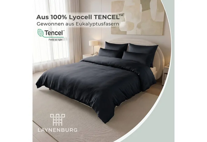 Laynenburg Bettwäsche Eukalyptus aus 100% Tencel Lyocell ab Gr. 135x200, kühlende, atmungsaktive Sommer-Bettwäsche mit Reißverschluss, Schwarz, – Produktbild 2 von 5