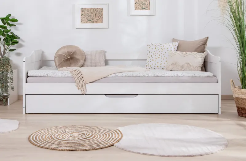 TICAA TICAA Funktionsbett Melinda, Daybett, Jugendbett, 2 Schlafplätze, Schublade auf Rollen, FSC®-zertifizierte Kiefer, 2 Rollroste, Massivholz, Weiß, – Produktbild 1 von 5