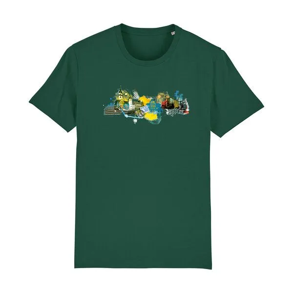 Spangeltangel Spangeltangel bedrucktes T-Shirt, Chemnitz, nachhaltig, Stadt, Herren, Damen, Unisex, Biobaumwolle, Dunkelgrün, – Produktbild 1 von 7
