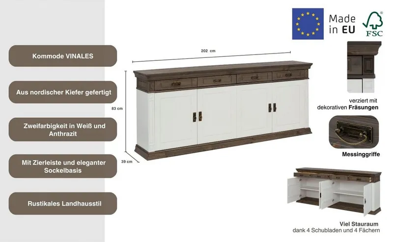 OTTO home Sideboard Vinales, Kommode, 4 Schubkästen, 4 Türen, 4 Fächer (B/T/H:202/39/83 cm), Massivholz, Messinggriffe im Jugendstil, Zierleisten, eleganter Sockel, Weiß, – Produktbild 4 von 5