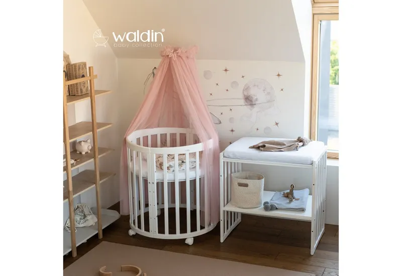 Waldin Waldin Babybett Oval 7in1 mitwachsend, Beistellbett, Matratze, Rollen, Rosa, – Produktbild 5 von 5