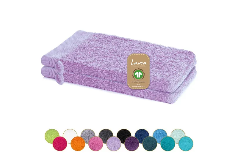 Lavea Waschhandschuh Bali Waschlappen 16x22 cm, Waschhandschuhe, kleine Handtücher, Weiches Bio-Baumwollfrottee (Set, 2-St), Gesichtshandtücher, GOTS-zertifiziert, extra saugstark mit 500g/m², Lila, – Produktbild 1 von 4