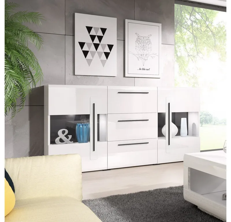 Lomadox Wohnzimmer-Set TURDA-83, (Mega-Spar-Set, 6-St., 6-tlg), weiß mit Absetzungen in schwarz 320/204/50 cm, Weiß, – Produktbild 2 von 5