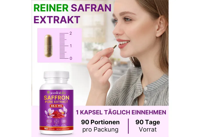 Acentiallabs Safran Saffron Pure Extrakt 88,5 mg mit Vit. B2 Hochdosiert Nahrungsergänzungsmittels, Softgels – Produktbild 5 von 7