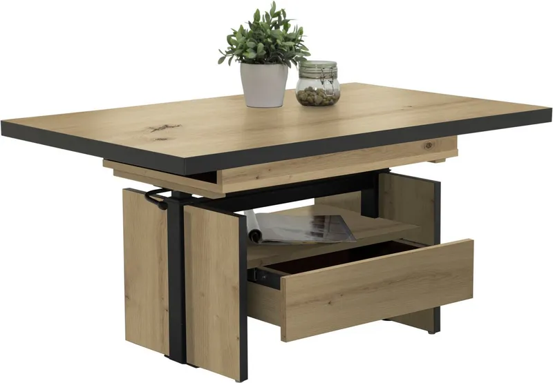 HELA Couchtisch Noah, ausziehbar und höhenverstellbar, mit Schubkasten, vintage look, Braun|schwarz, – Produktbild 3 von 5