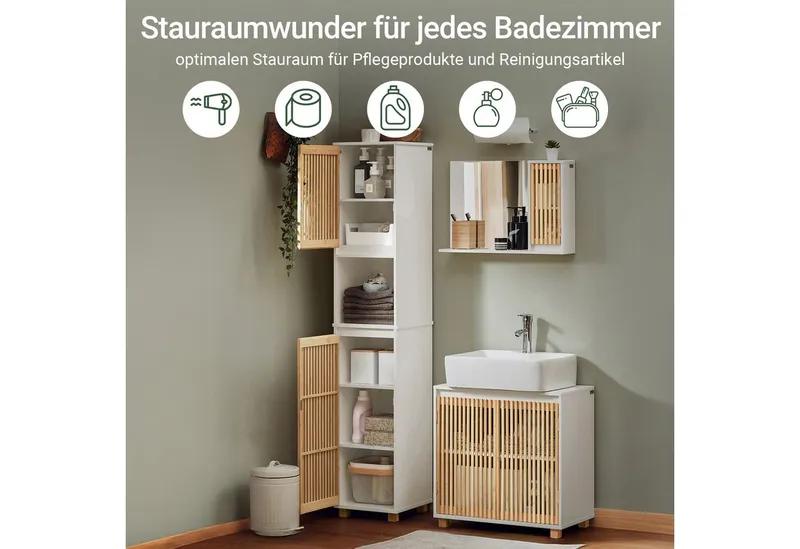 SoBuy Hochschrank BZR127, Badezimmerschrank schmal, Badregal Badschrank Badezimmermöbel Beistellschrank Badkommode, mit Bambustüren, verstellbaren Ablagen, Weiß, – Produktbild 3 von 5