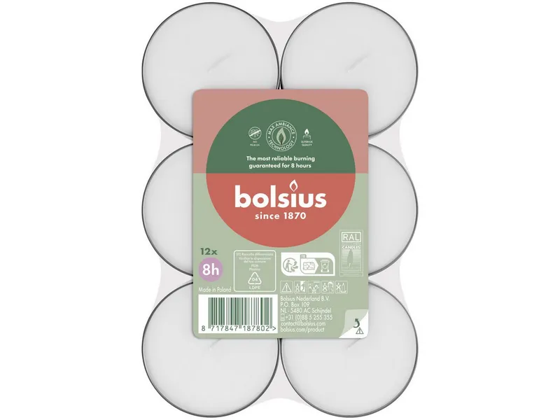 Bolsius Teelicht Bolsius Maxi-Teelichter weiß 8h 12er Pack, Weiß, – Produktbild 1 von 2