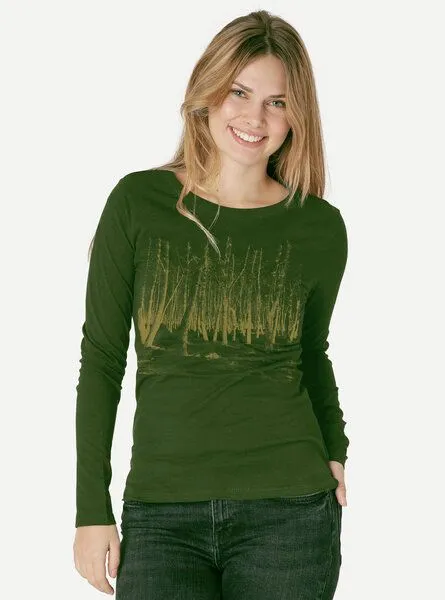 Peaces.bio - handbedruckte Biomode Peaces.bio - handbedruckte Biomode Damen Langarmshirt Woodland, Waldgrün, – Produktbild 1 von 2