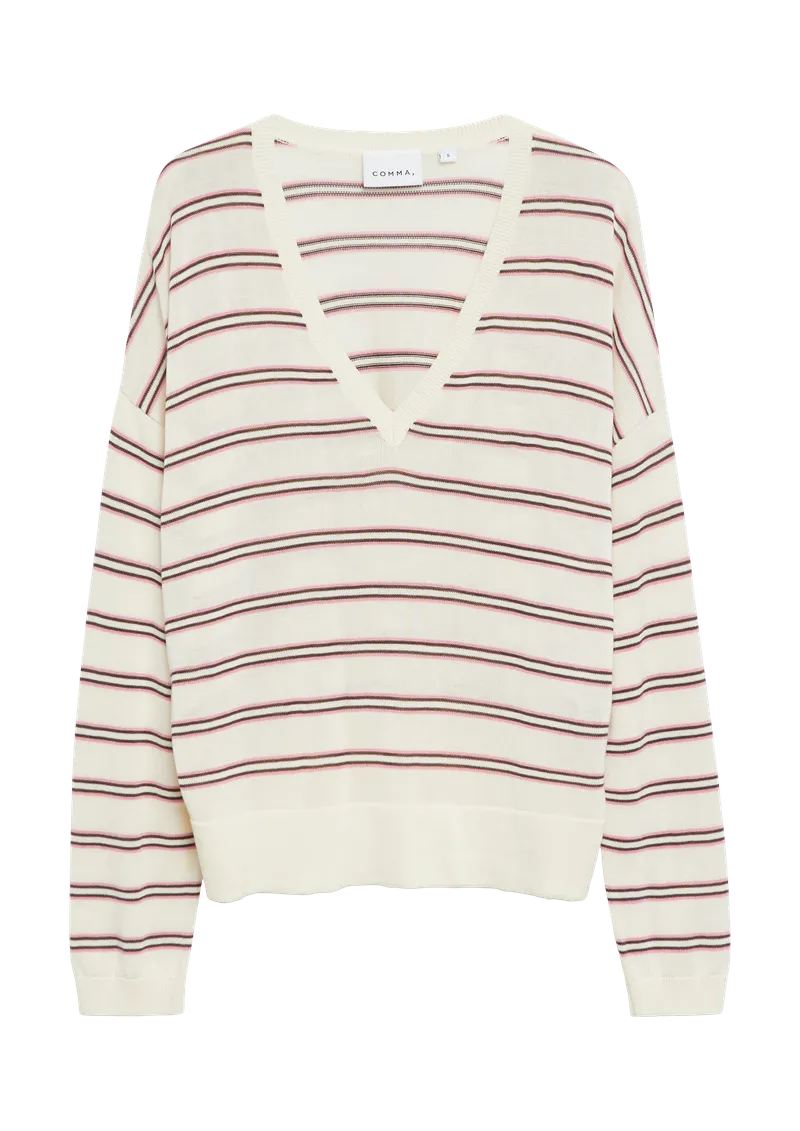 comma comma Gestreifter Feinstrickpullover aus Lyocellmix, Creme|mehrfarbig, – Produktbild 1 von 3