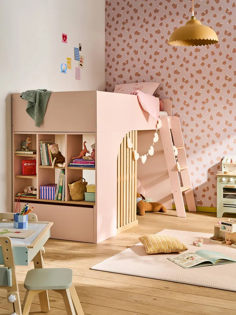 Vertbaudet Kinderbett mit Stauraum PLAYFUL Hochbett 90x190 cm, Rosa, – Produktbild 1 von 4
