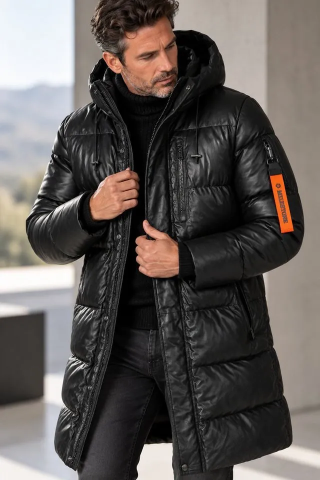 Milestone Milestone Ledermantel MSPiero aus softem Lammnappa Leder mit Kapuze, Schwarz, – Produktbild 2 von 5
